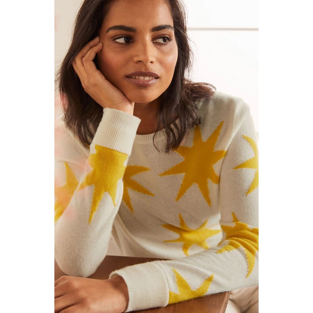 Boden Scattered Sun Kesteven Cashmere Sweater Ivory with Stars, Medium (C7)